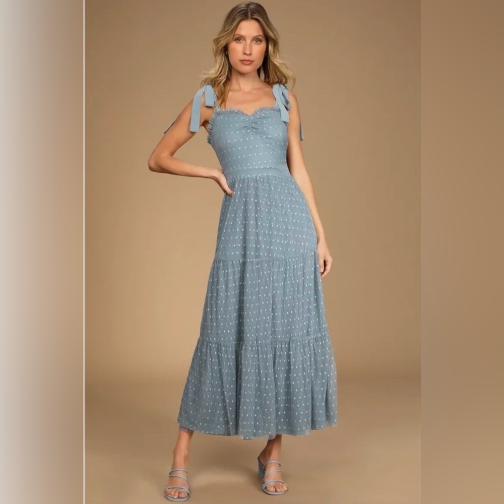 Lulus Just Your Darling Blue Tie-Strap Swiss Dot Midi Dress